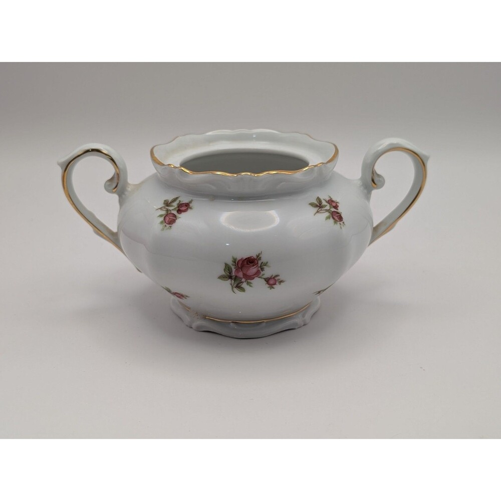 Bavaria Germany Porcelain Open Sugar Bowl Pink Roses Gold Trim Flowers White